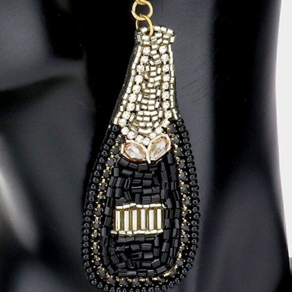 Champagne Bottle Black & Gold Seed Bead Earrings - Picture 3 of 6